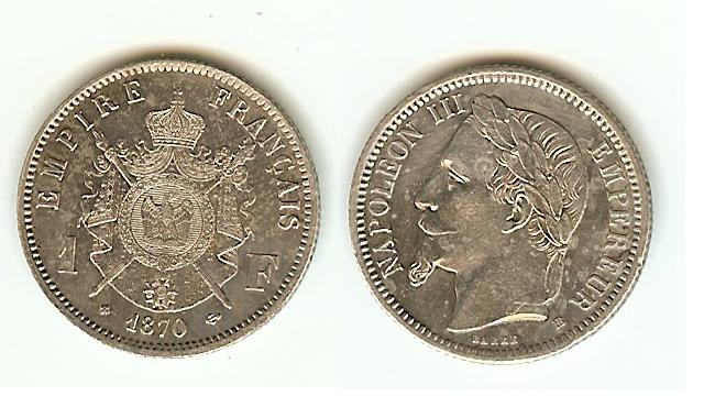 1 franc Napoléon III, tête laurée 1870 Strasbourg SUP